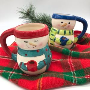 Pair of Winter Snowman Christmas Holiday Hot Cocoa Mugs Bay Island